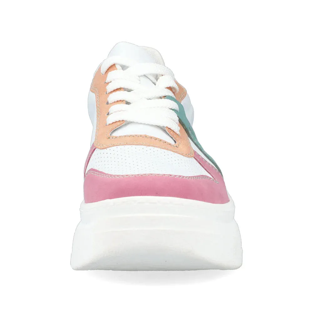 Ladies Rieker Lace Up Trainers Sneakers White Multi Platform M7814-90