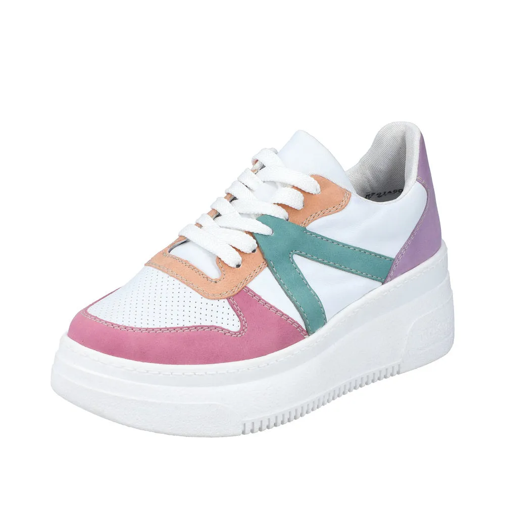 Ladies Rieker Lace Up Trainers Sneakers White Multi Platform M7814-90