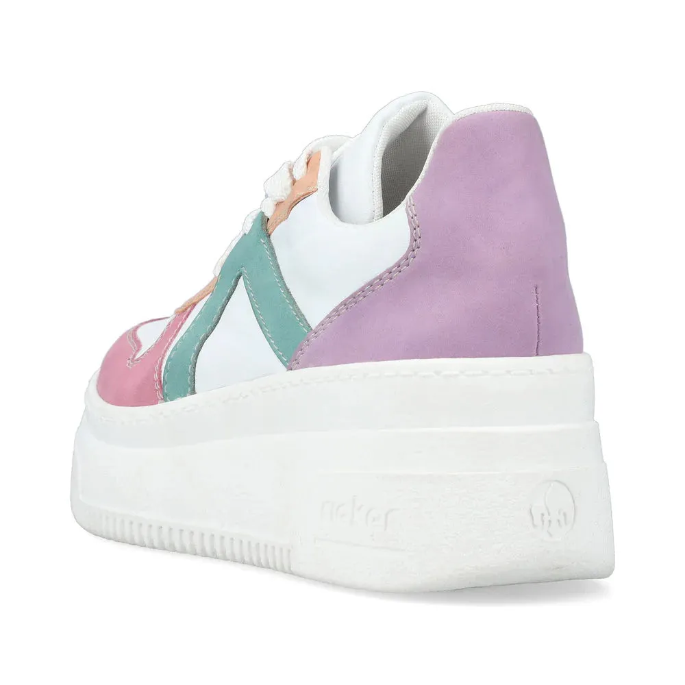 Ladies Rieker Lace Up Trainers Sneakers White Multi Platform M7814-90