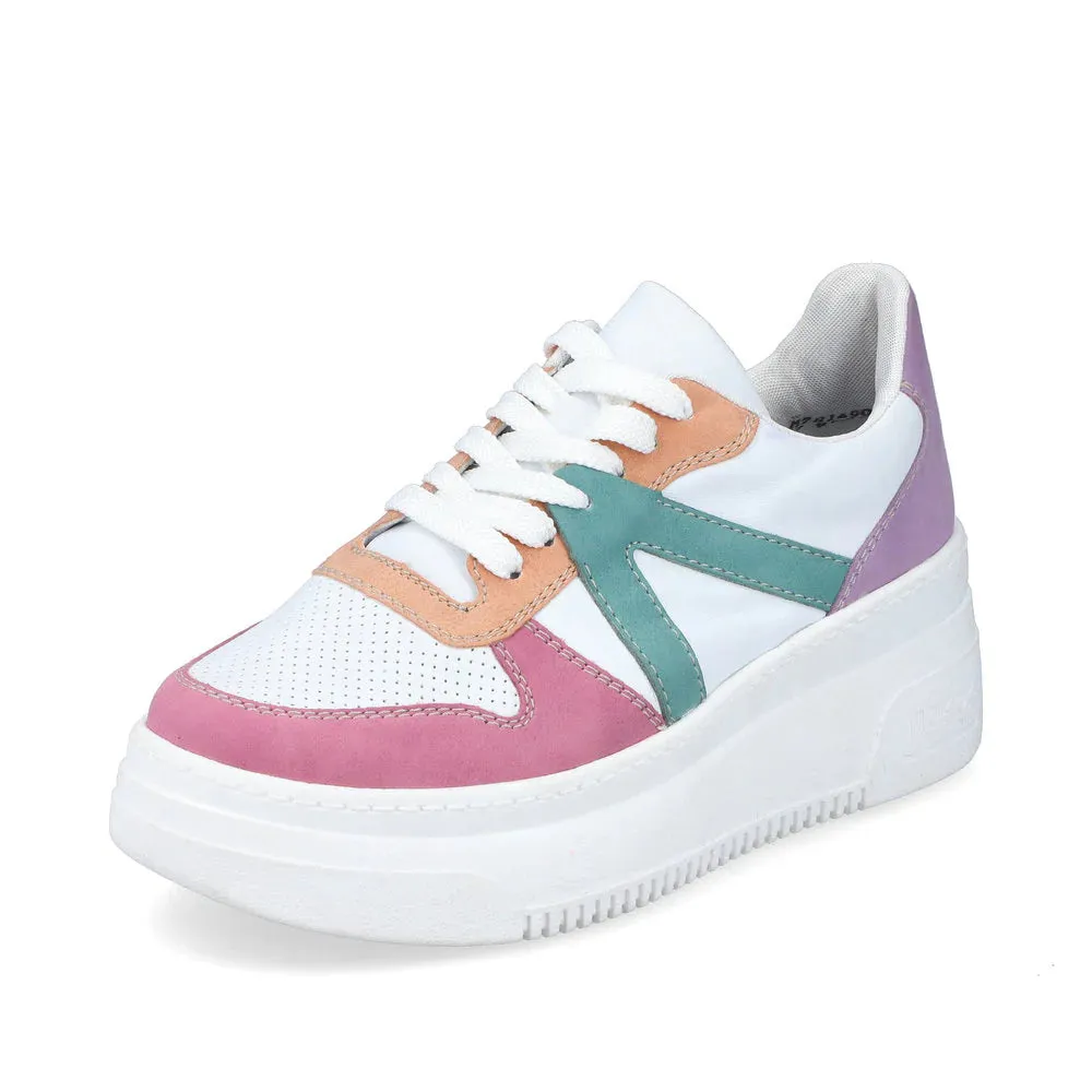 Ladies Rieker Lace Up Trainers Sneakers White Multi Platform M7814-90