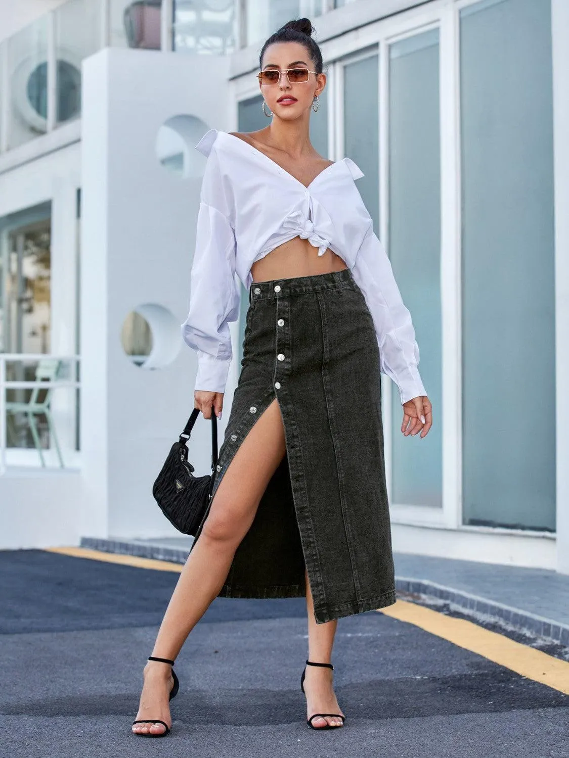 Lasting Trend Button Down Denim Midi Skirt