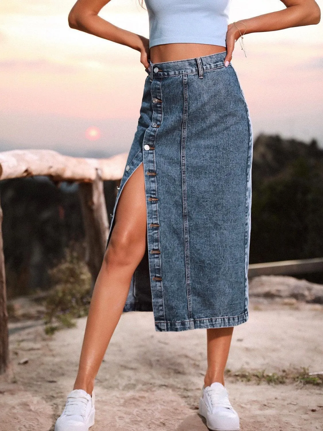 Lasting Trend Button Down Denim Midi Skirt
