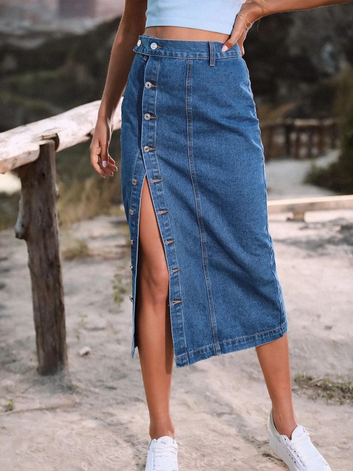 Lasting Trend Button Down Denim Midi Skirt