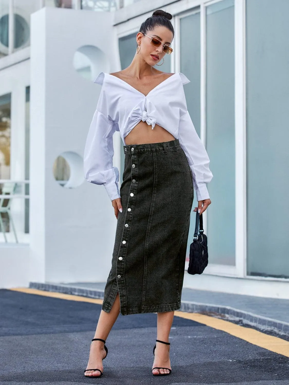 Lasting Trend Button Down Denim Midi Skirt