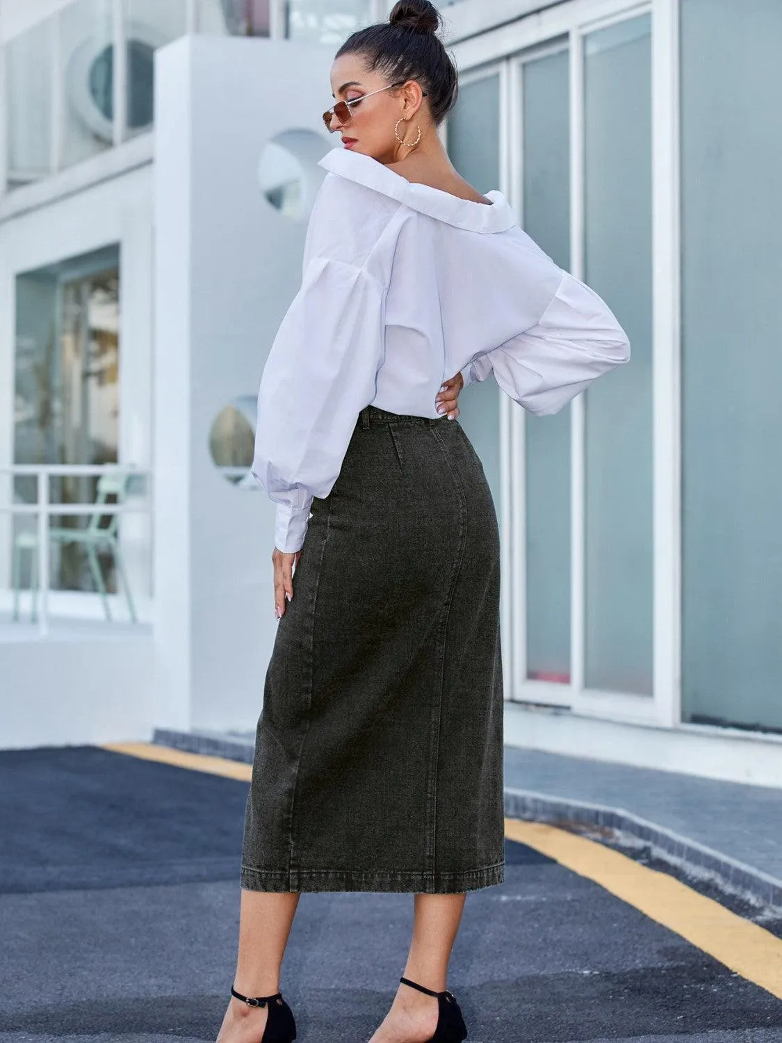 Lasting Trend Button Down Denim Midi Skirt