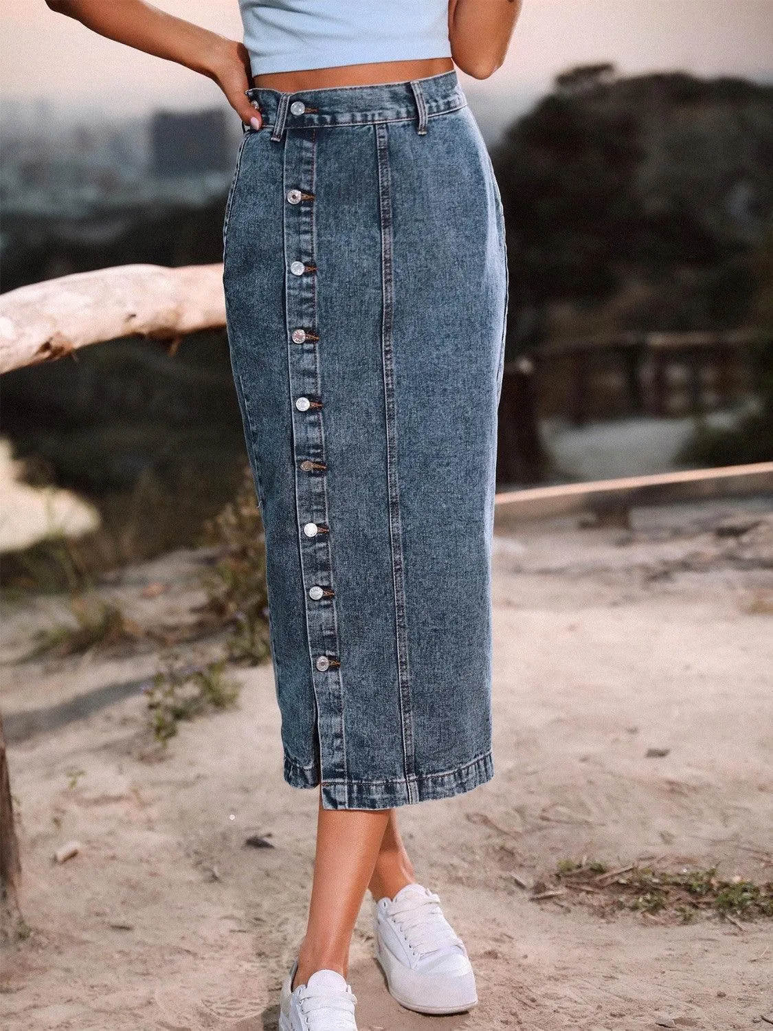 Lasting Trend Button Down Denim Midi Skirt