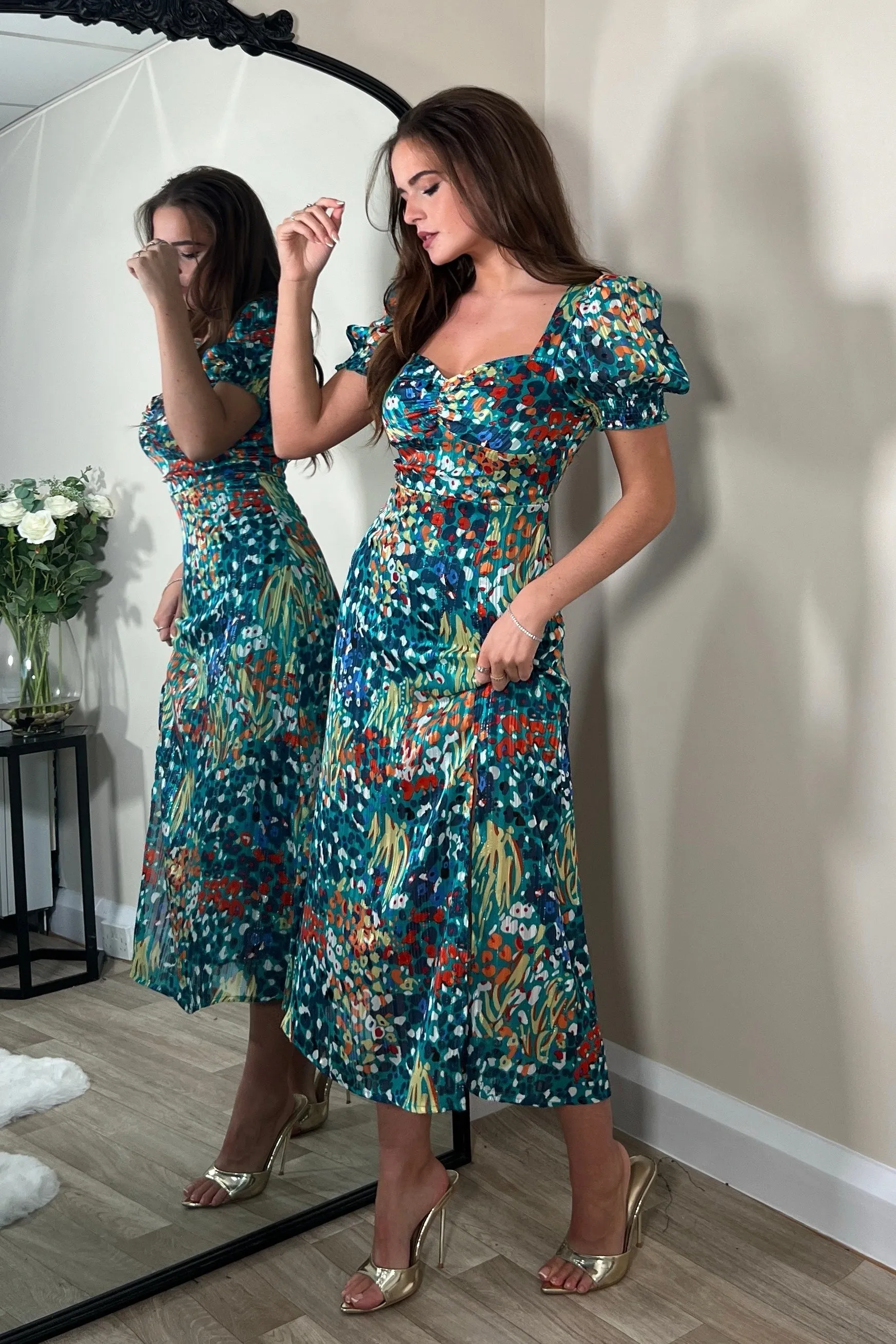 Lillian Green Animal Sweetheart Midi Dress