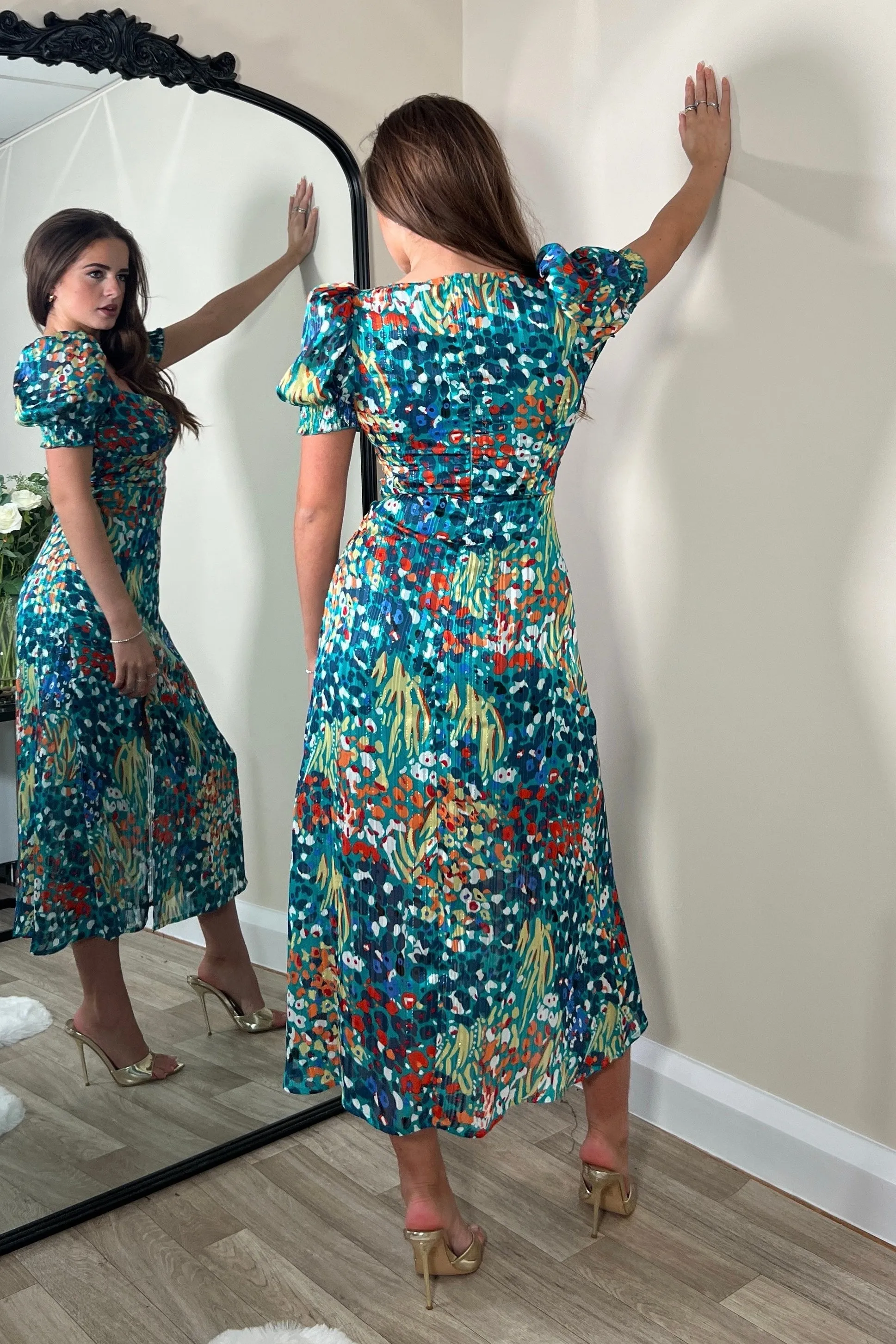 Lillian Green Animal Sweetheart Midi Dress