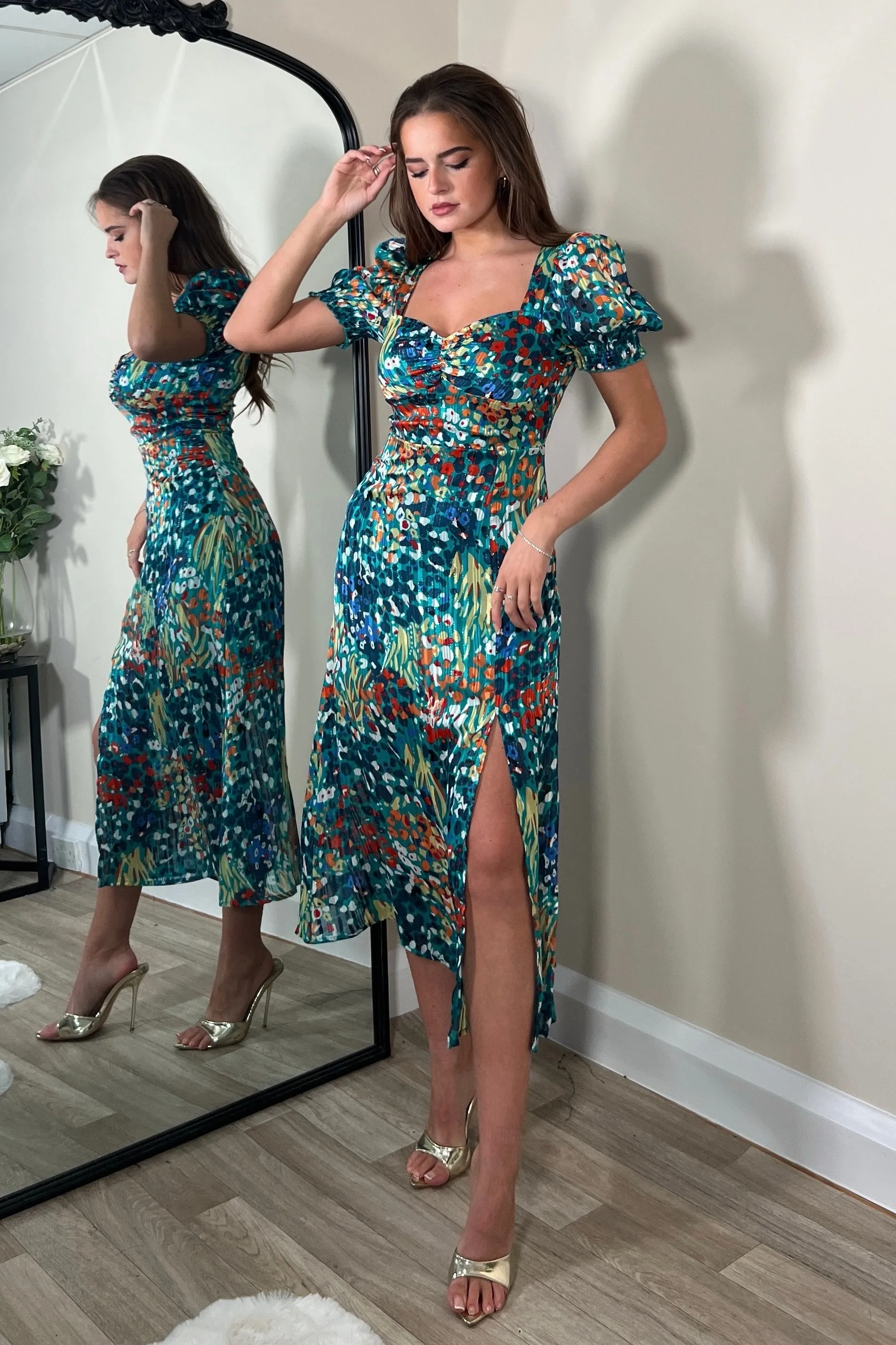 Lillian Green Animal Sweetheart Midi Dress