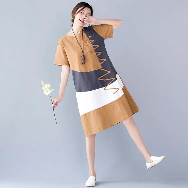 Loose Fit Mid-length Short Sleeve Cotton Linen Dress