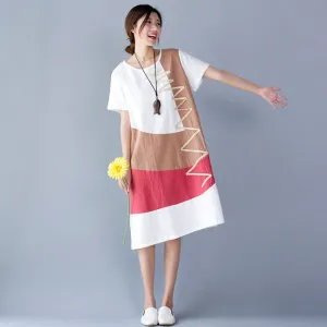 Loose Fit Mid-length Short Sleeve Cotton Linen Dress