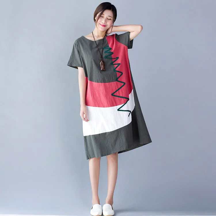 Loose Fit Mid-length Short Sleeve Cotton Linen Dress