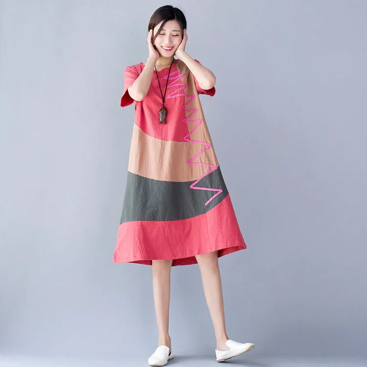 Loose Fit Mid-length Short Sleeve Cotton Linen Dress