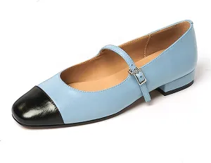 Lutalica W Women's Stylish Closed Cap Toe Matte Leather Two-Tone Instep Strap Ballet Flats Office Lady Comfort Round Toe Dress Mary Jane Flat Pumps Shoes