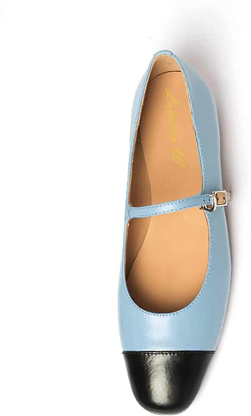 Lutalica W Women's Stylish Closed Cap Toe Matte Leather Two-Tone Instep Strap Ballet Flats Office Lady Comfort Round Toe Dress Mary Jane Flat Pumps Shoes