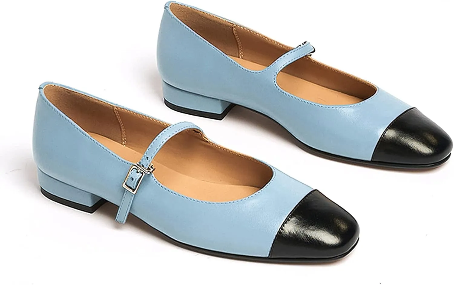 Lutalica W Women's Stylish Closed Cap Toe Matte Leather Two-Tone Instep Strap Ballet Flats Office Lady Comfort Round Toe Dress Mary Jane Flat Pumps Shoes