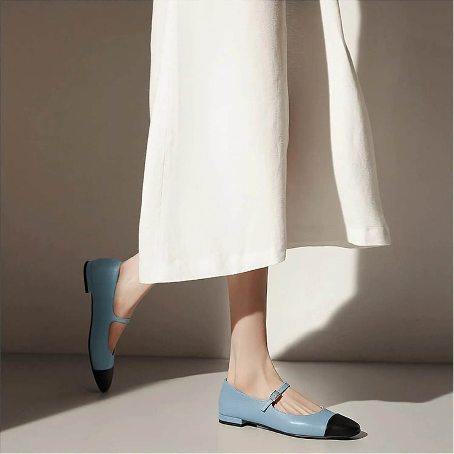 Lutalica W Women's Stylish Closed Cap Toe Matte Leather Two-Tone Instep Strap Ballet Flats Office Lady Comfort Round Toe Dress Mary Jane Flat Pumps Shoes