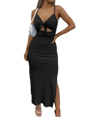 LYANER Women's Tie Knot Cut Out Side Split Slit Hem Sleeveless Knit Bodycon Maxi Dress Black Small