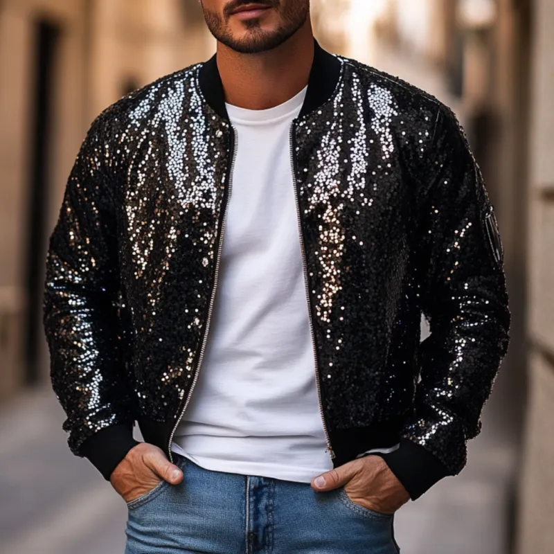 Men's Fashion Sequin Zipper Loose Baseball Jacket 70883076M