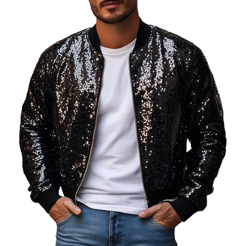 Men's Fashion Sequin Zipper Loose Baseball Jacket 70883076M