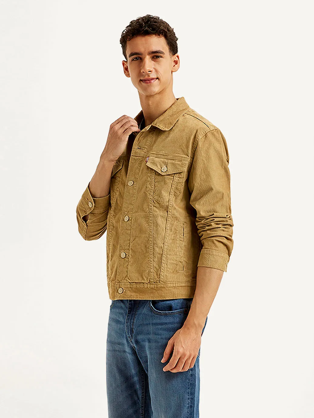 Men's Solid Light Brown Spread Collar Jacket