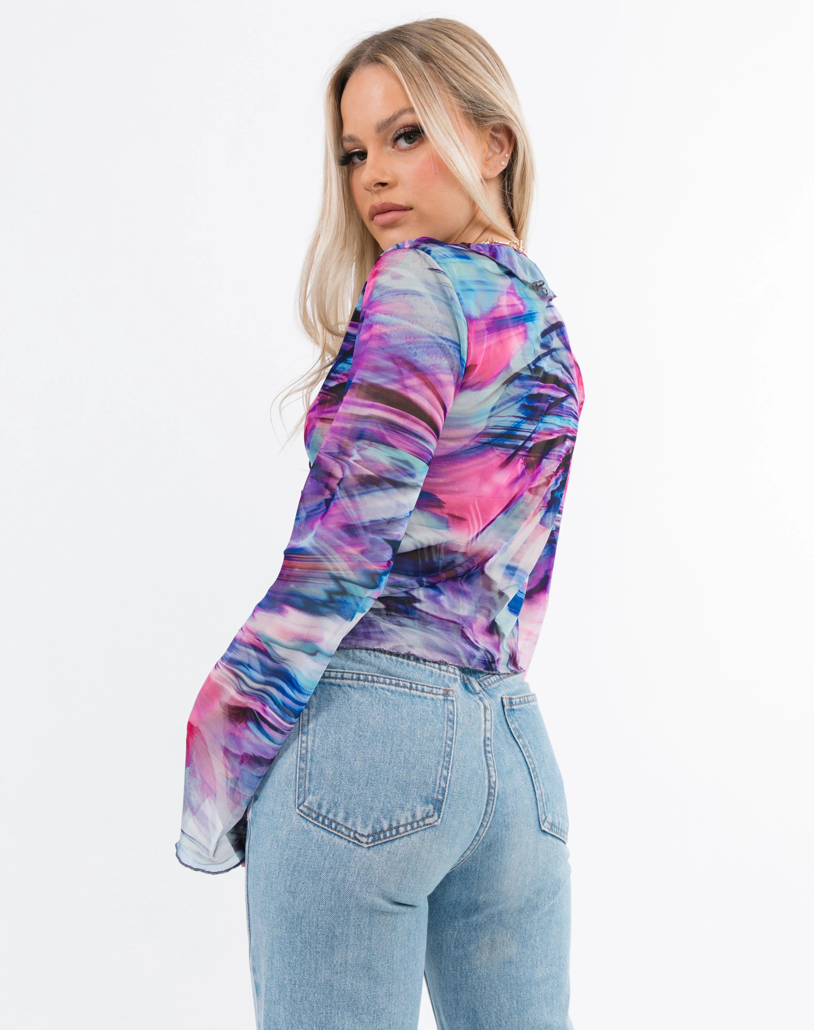 Mesh Tie dye  front Cardigan Top in Pink | Shannon