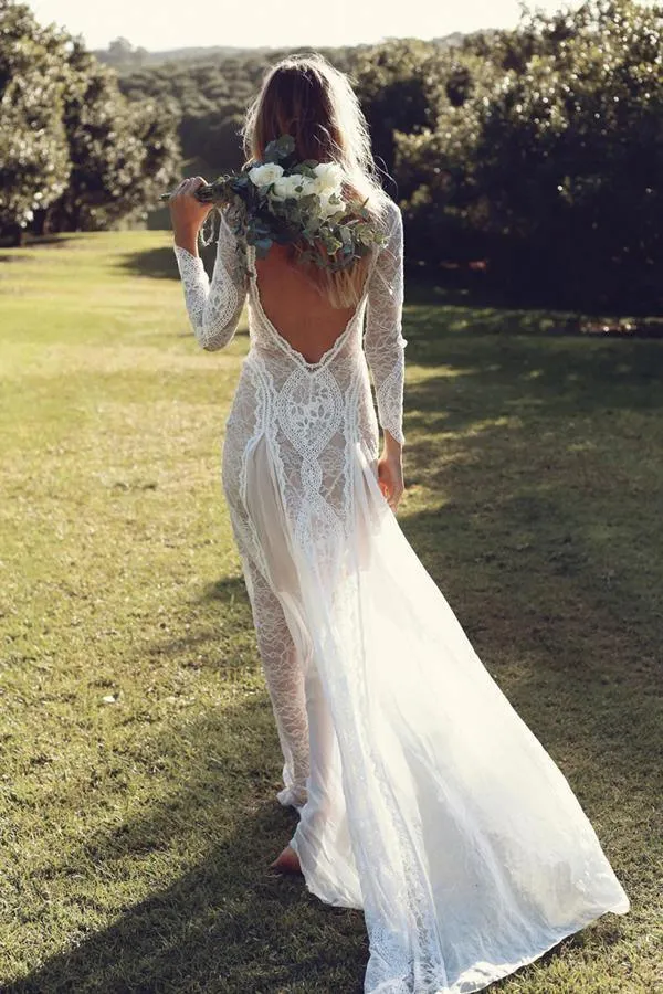 Off White Sheath Long Sleeve Backless Lace Wedding Dress,Summer Beach Wedding Dress TN129