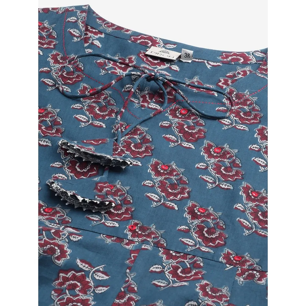 Piroh Womens Cotton Floral Print Straight Kurta Trouser Voil Dupatta (Blue) (Set of 3)