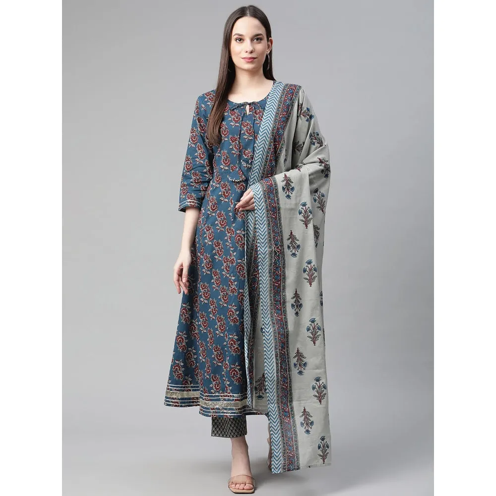 Piroh Womens Cotton Floral Print Straight Kurta Trouser Voil Dupatta (Blue) (Set of 3)