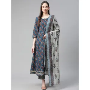 Piroh Womens Cotton Floral Print Straight Kurta Trouser Voil Dupatta (Blue) (Set of 3)