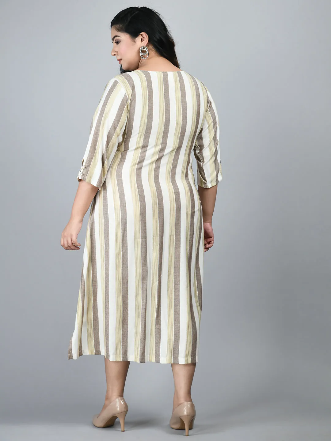 Plus Size Striped Beige Midi Dress