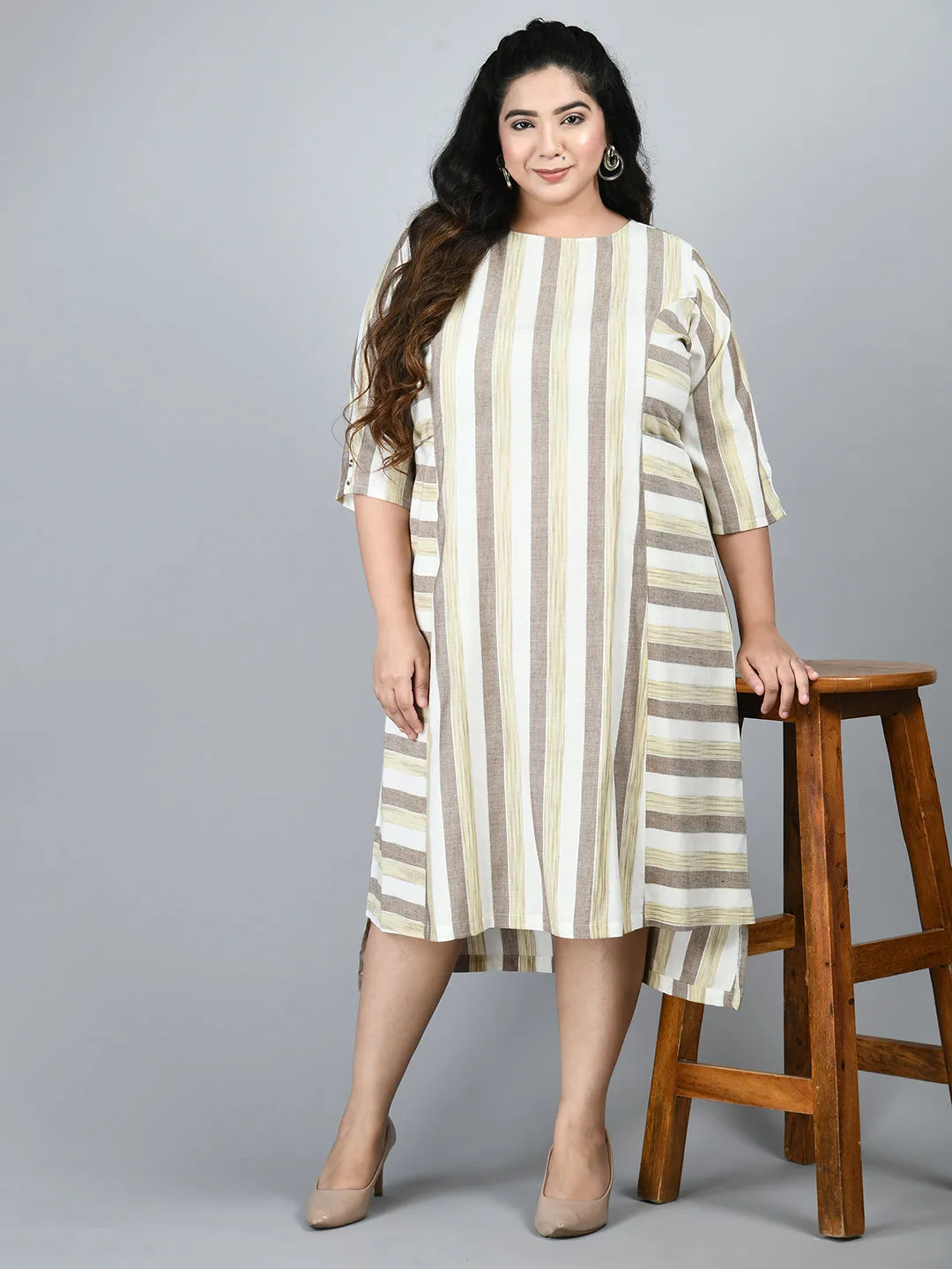 Plus Size Striped Beige Midi Dress