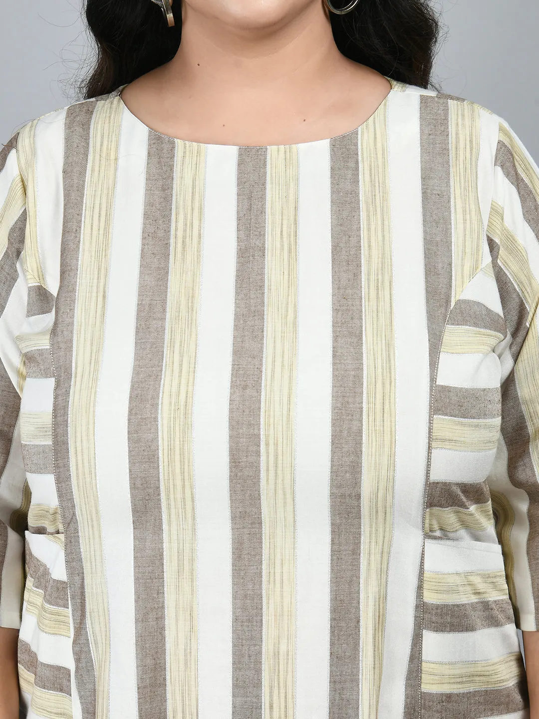 Plus Size Striped Beige Midi Dress