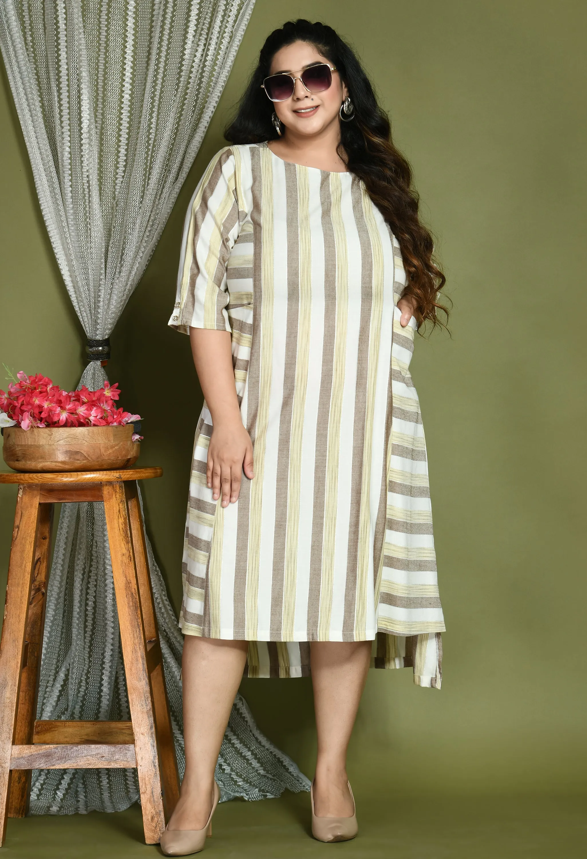 Plus Size Striped Beige Midi Dress
