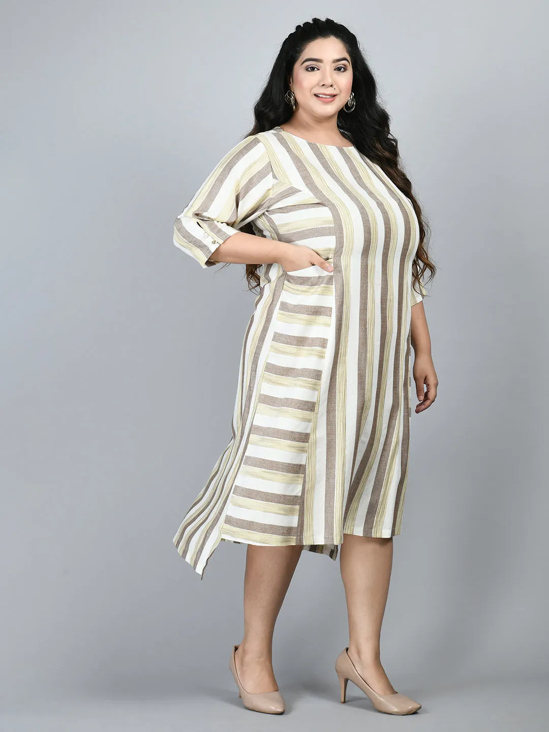 Plus Size Striped Beige Midi Dress