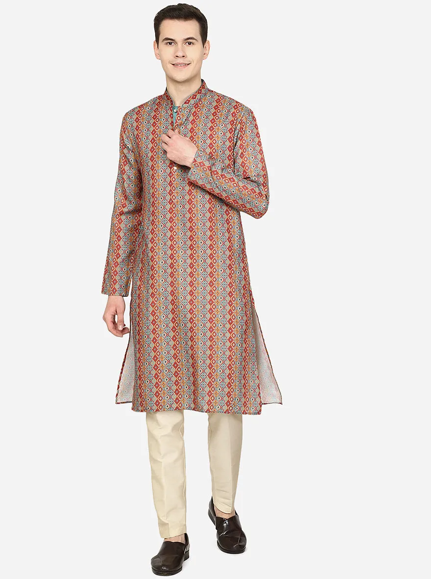Red Printed Cotton Blend Kurta | The Kurta Company
