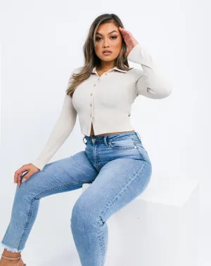 Rib Collared Button Front Top in Cream Beige | Stella