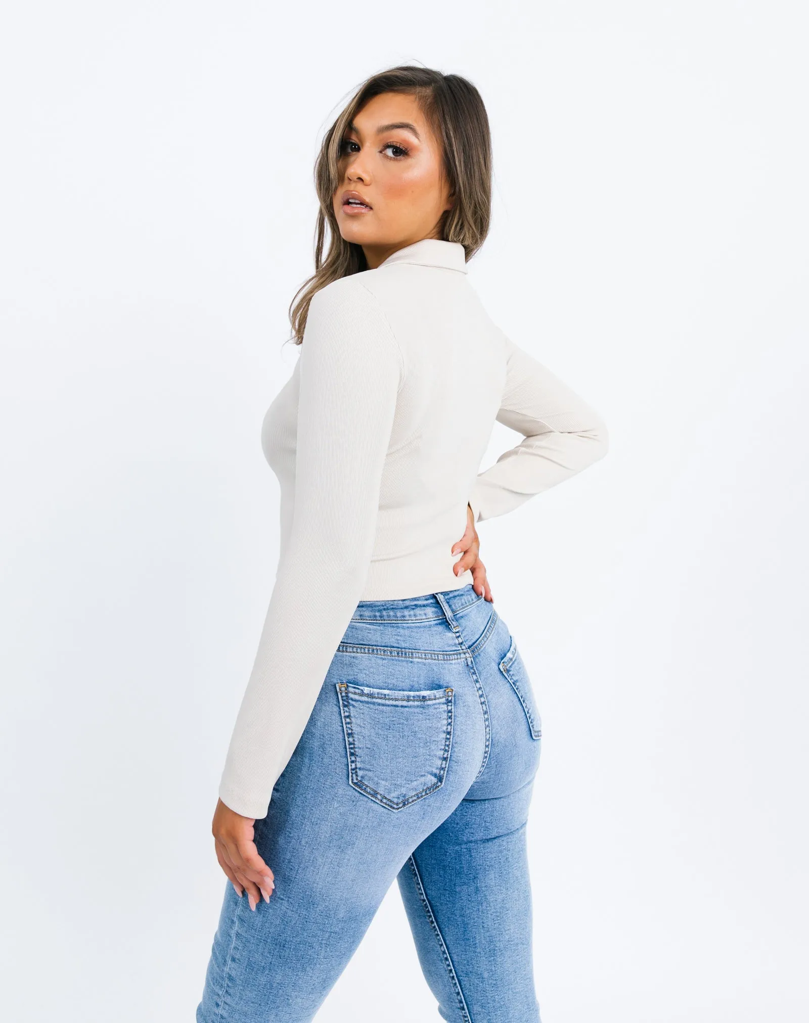 Rib Collared Button Front Top in Cream Beige | Stella