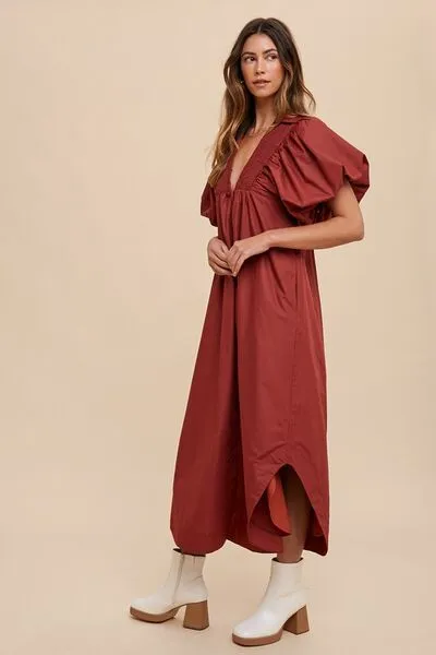 Smocked Puff Sleeve Midi Dress