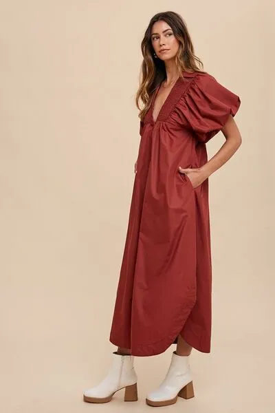 Smocked Puff Sleeve Midi Dress