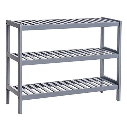 SONGMICS 3 Tier Shoe Rack Bamboo Wood Storage Shelf for Entryway Hallway Bathroom for Boots Heels Bag Holder Stand Organizer Gray UBCB03GY