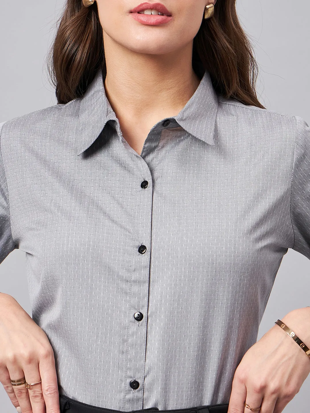 Style Quotient Women Micro Ditys Self Design Grey Polycotton Formal Shirt