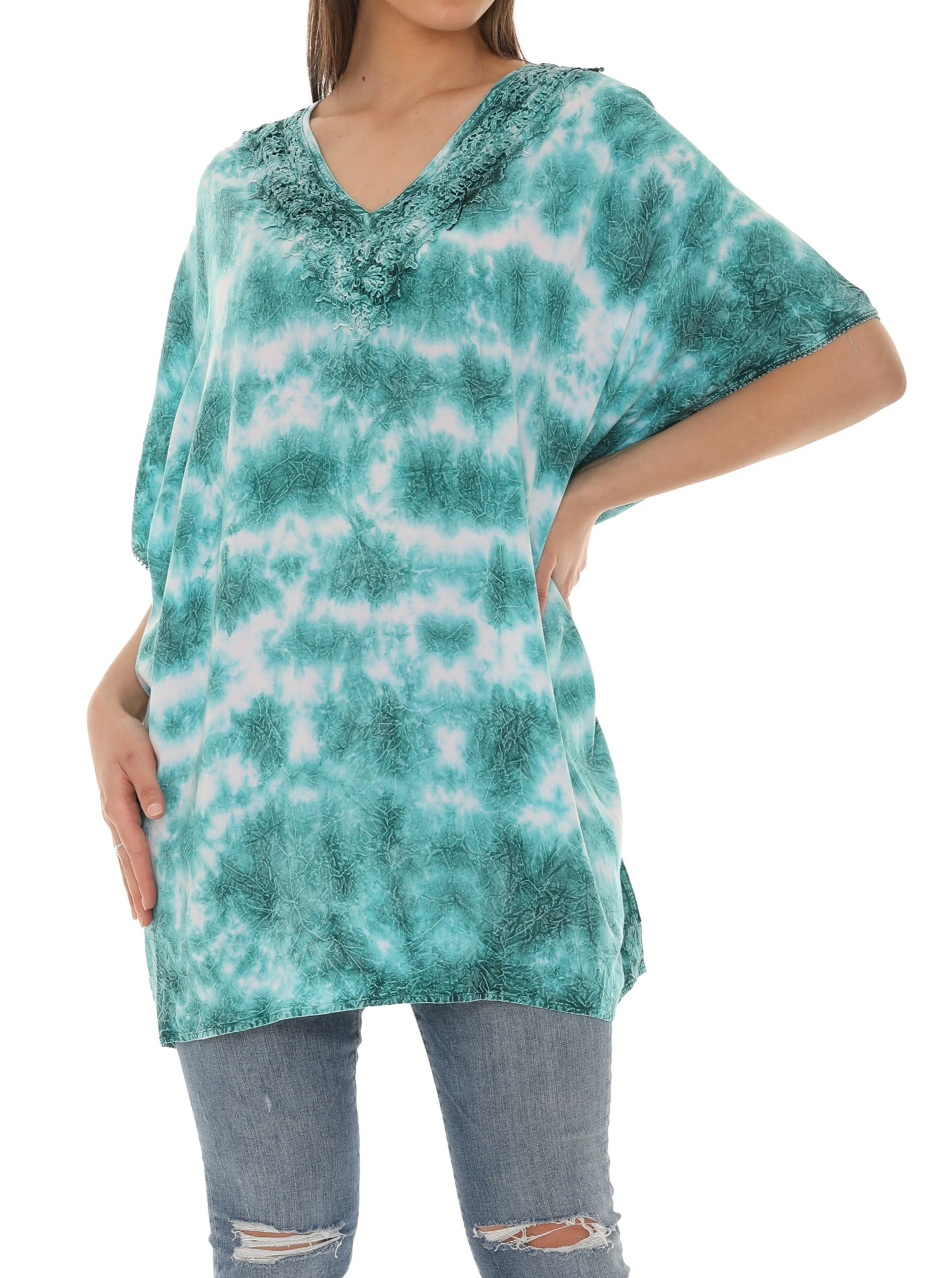Tie Dye Caftan Style V-neck Embroidery Dress