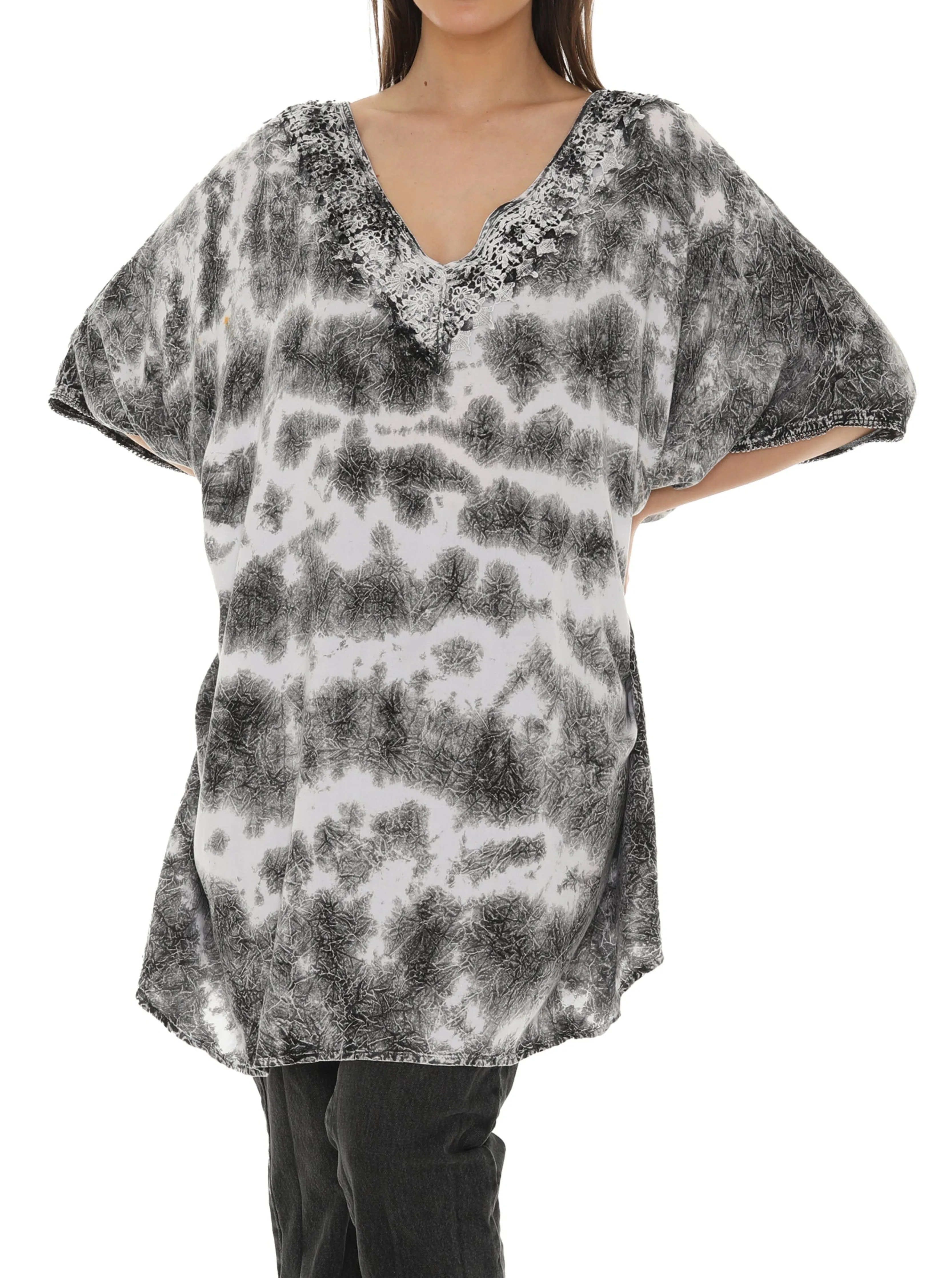 Tie Dye Caftan Style V-neck Embroidery Dress