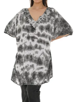 Tie Dye Caftan Style V-neck Embroidery Dress