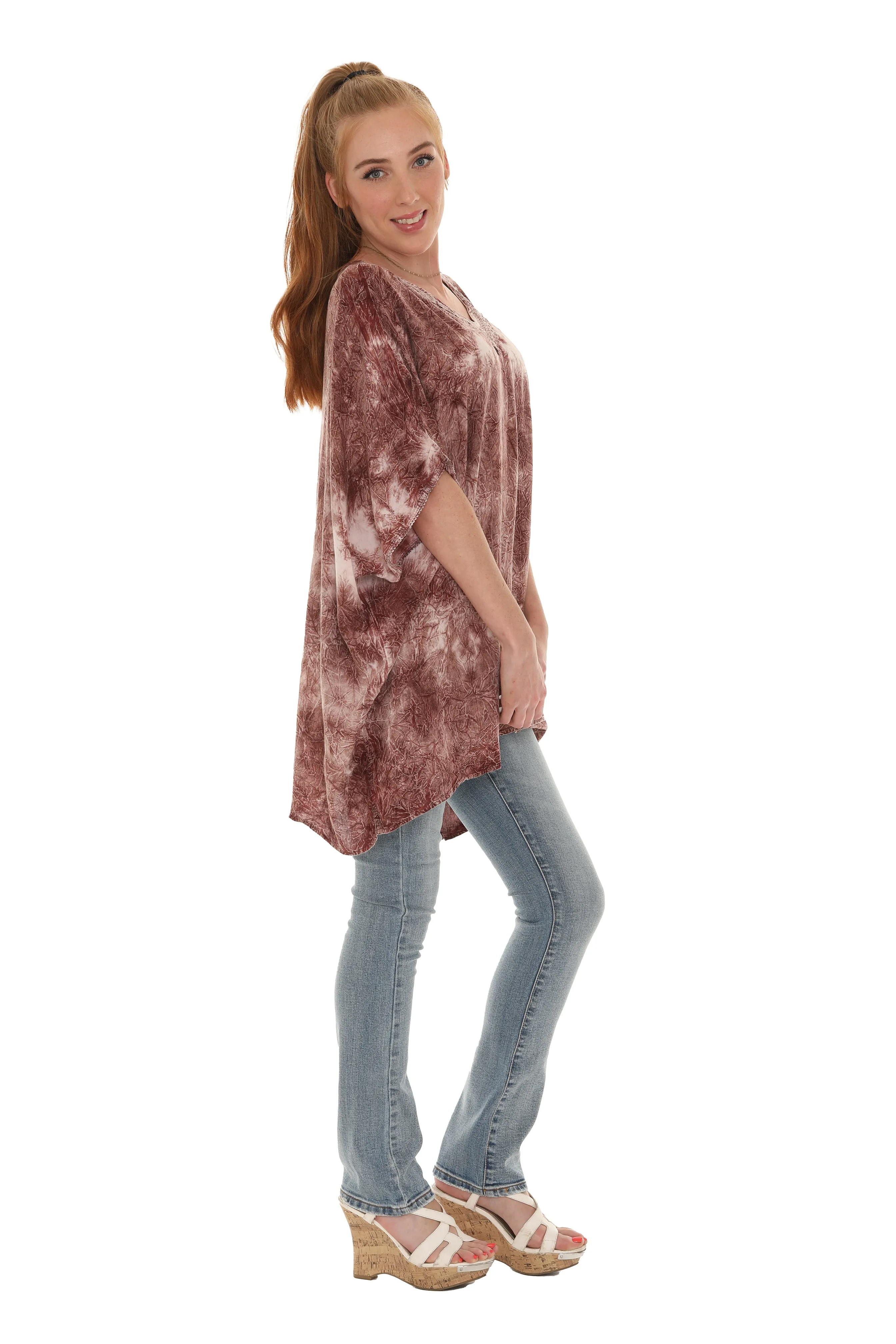 Tie Dye Caftan Style V-neck Embroidery Dress
