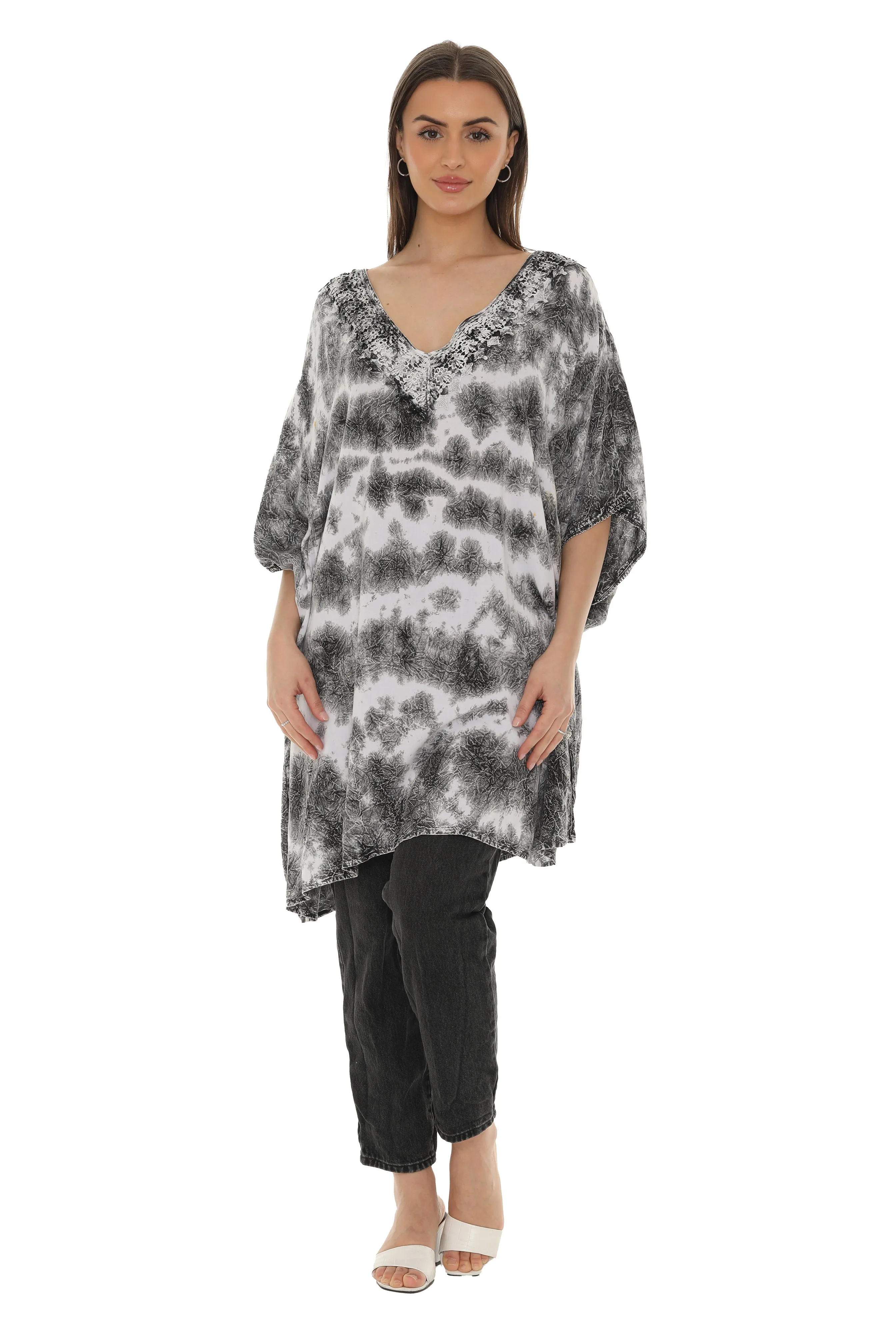 Tie Dye Caftan Style V-neck Embroidery Dress