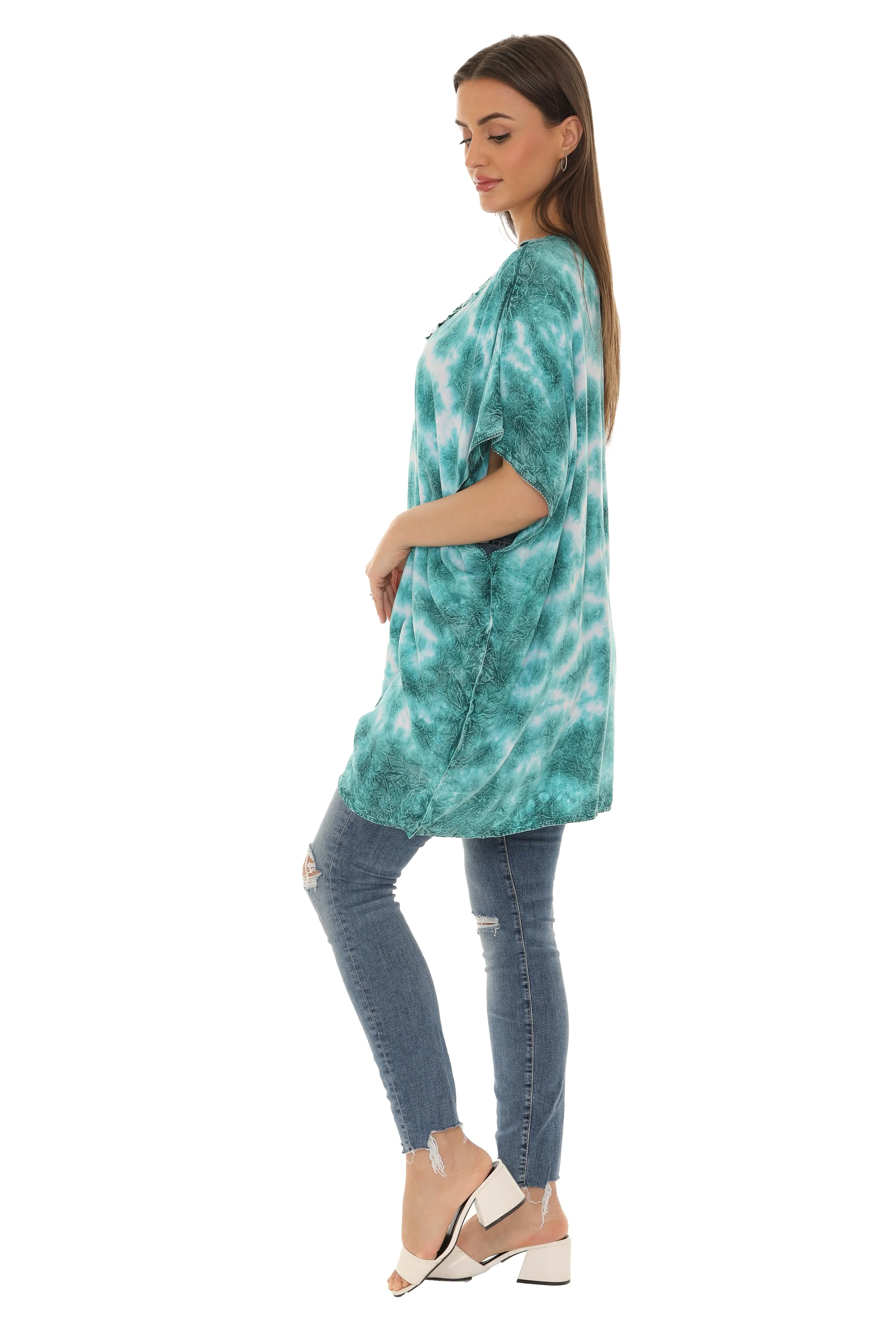 Tie Dye Caftan Style V-neck Embroidery Dress