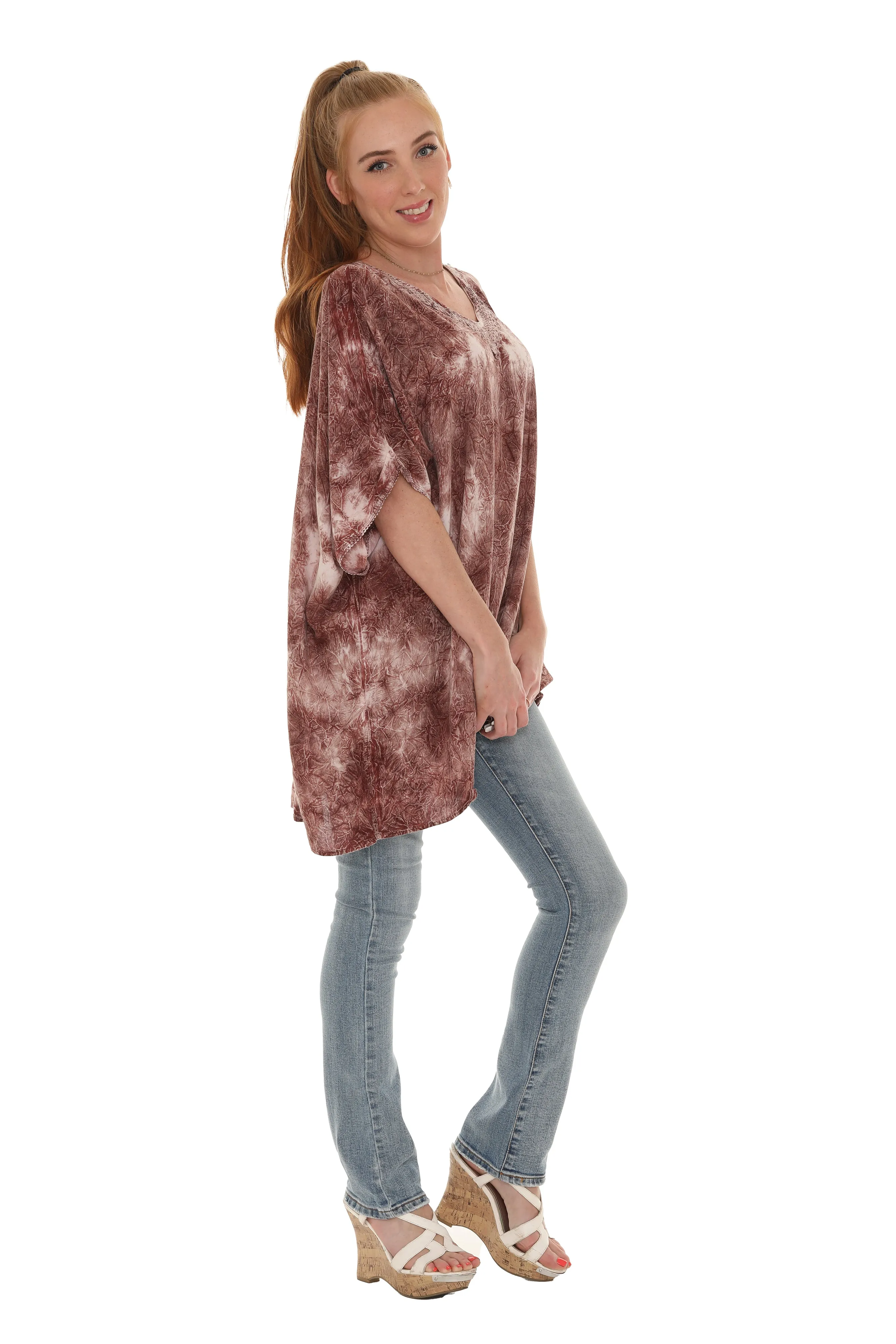 Tie Dye Caftan Style V-neck Embroidery Dress