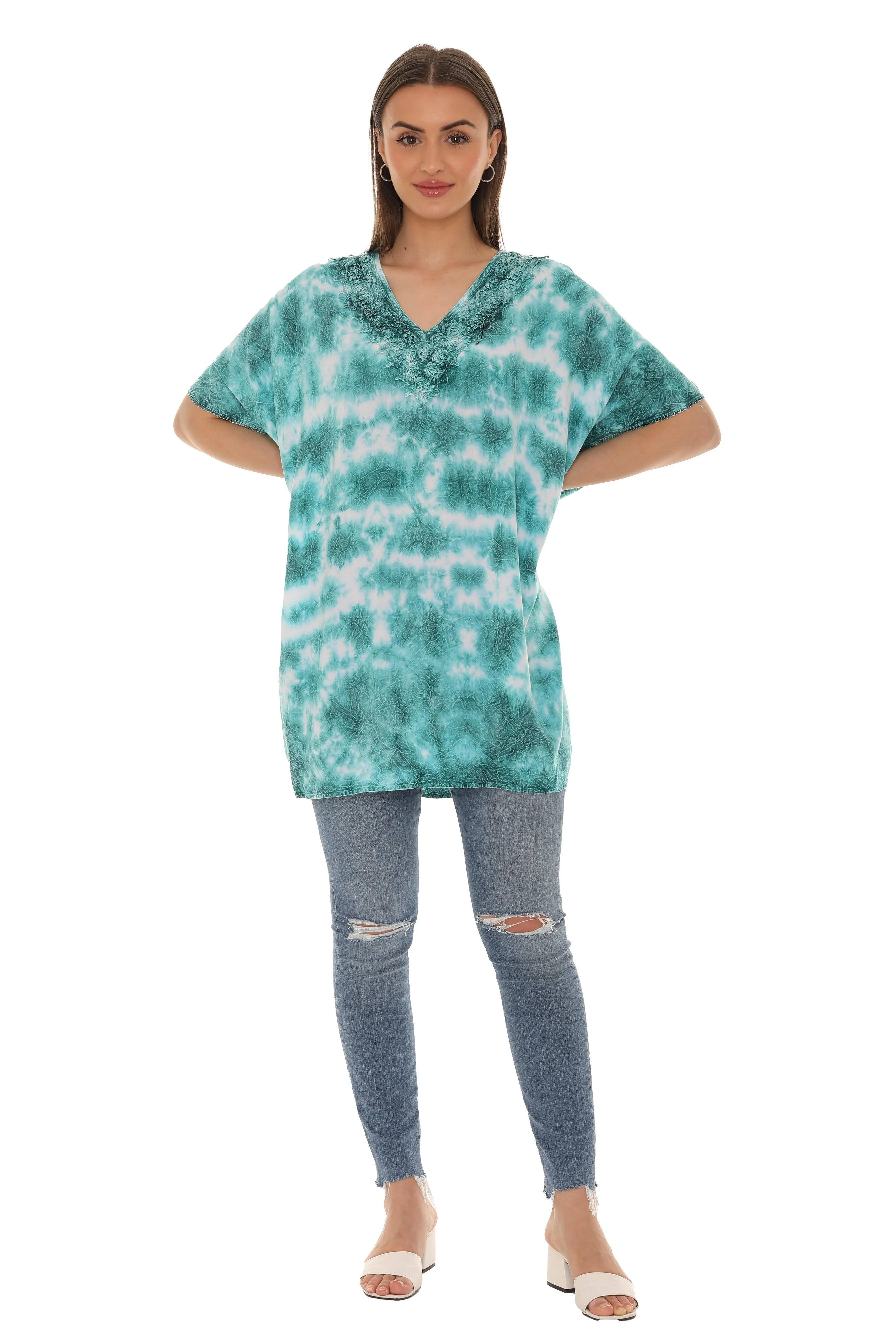 Tie Dye Caftan Style V-neck Embroidery Dress